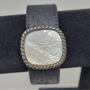 Black Leather Bracelet with Floral Silver Accent